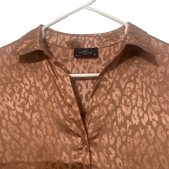 Milk & Honey Brown Taupe Shiny Leopard Print Button Down Collared Long Sleeve M - Picture 4 of 7